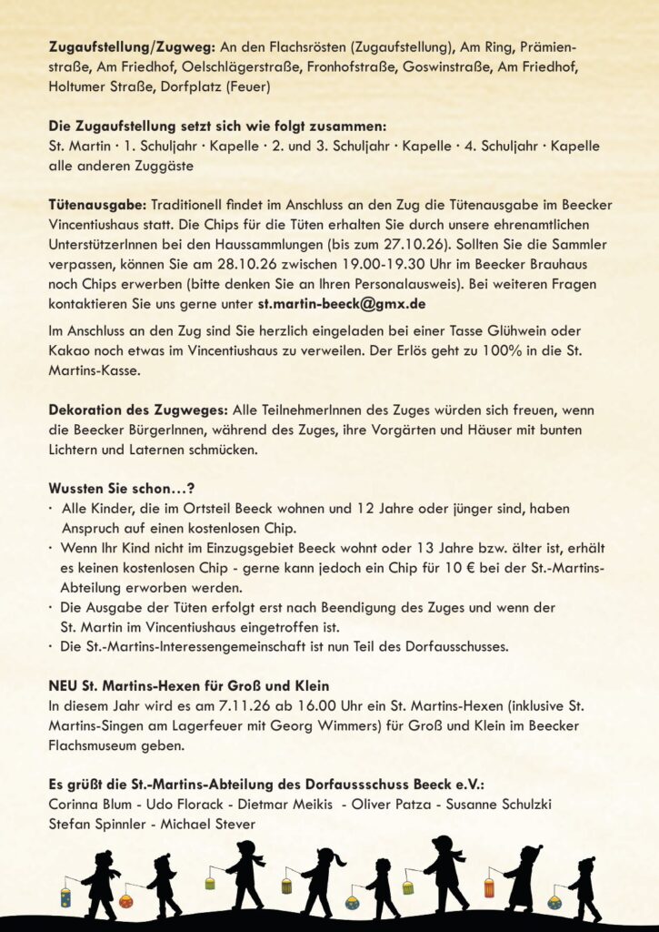 Flyer Martinsumzug 2026, Rückseite mit Zugweg, Tütenausgabe und Terminen